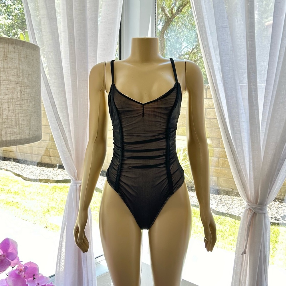 Out From Under Women's Black Mesh Bodysuit Size S Small Ribbed Spaghetti Strap